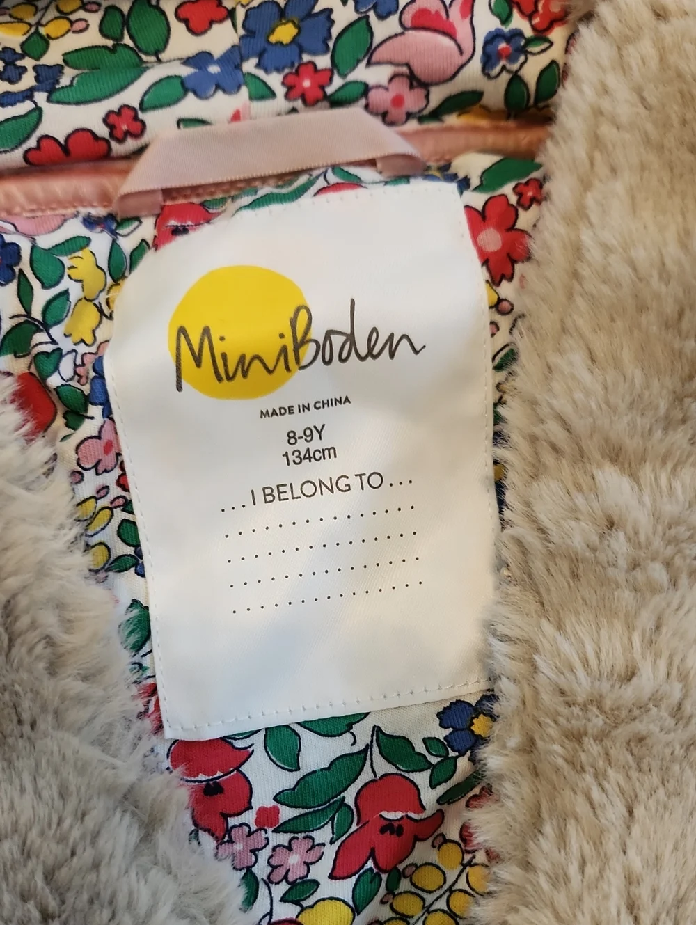 Mini Boden Cream Plush Hooded Puffer Jacket with Floral Lining